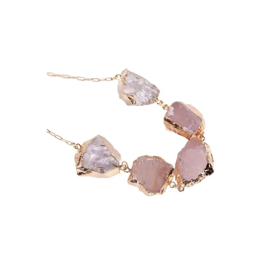 Collana Maxi con Cinque Pietre Grezze  Quarzo Rosa + Cristallo di Rocca – Finitura Argentata