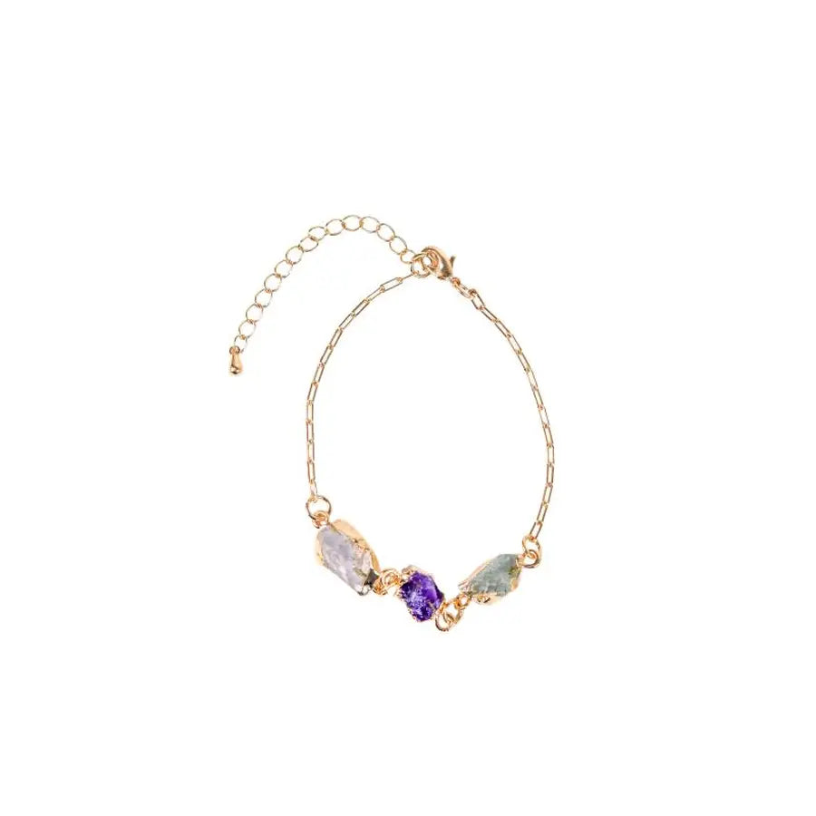 Bracciale con Tre Pietre Grezze Elettroplaccate Cristallo di Rocca, Ametista e Acquamarina – Placcato Oro