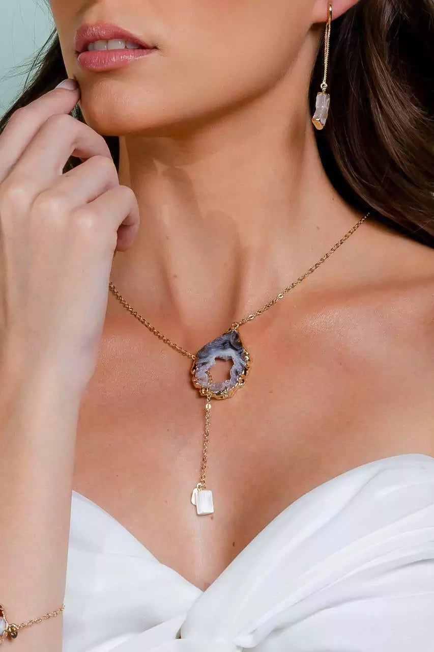 Collana in Agata Naturale con Selenite Placcata Oro