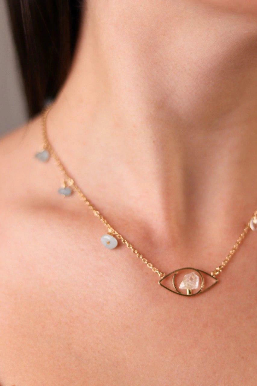 Collana Acquamarina con Occhio Greco Placcato Oro
