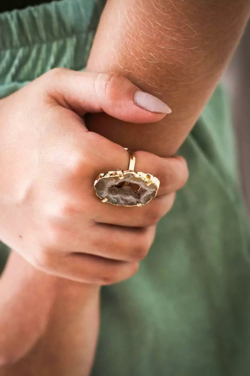 Anello Geodo di Agata Naturale Placcato Oro