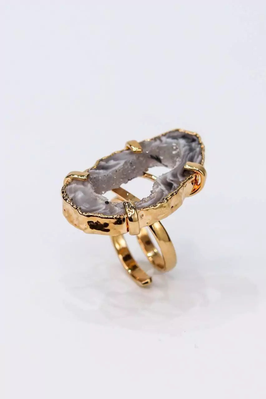 Anello Geodo di Agata Naturale Placcato Oro